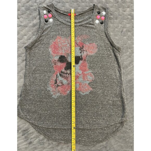 Bongo Women's Gray Sleeveless Tank w/ Floral Skull Jewels 1X High Low Pink Black - Picture 5 of 12